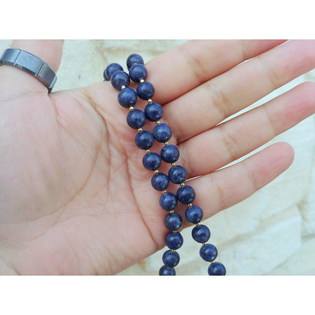 Metal Burmese Blue Sapphire Beaded Necklace With 14k Gold Clasp For Sale - Image 7 of 9