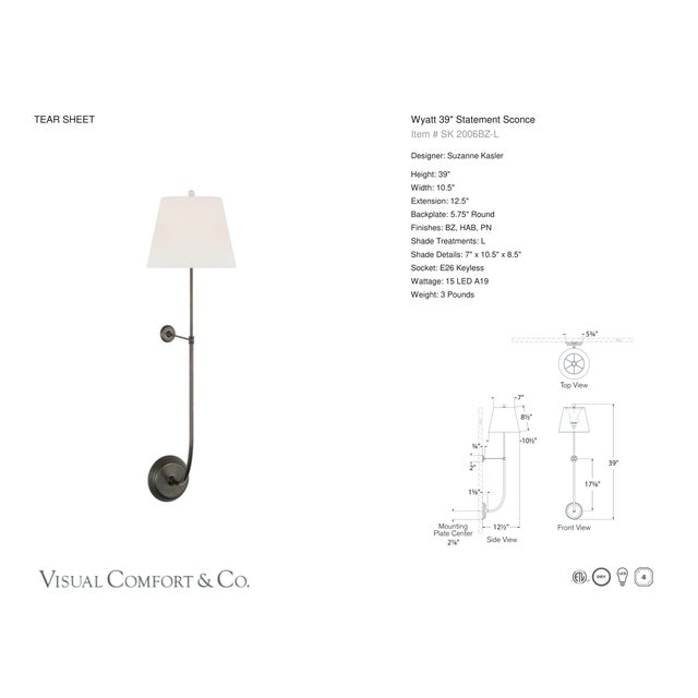 Suzanne Kasler for Visual Comfort Signature Wyatt 39" Statement Sconce in Bronze with Linen Shade For Sale - Image 9 of 10