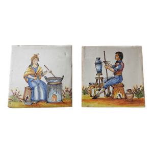 Antique 19th Century Spain Catalonia Hand-Painted Tiles Cook Potter Wall Decor - Set of 2