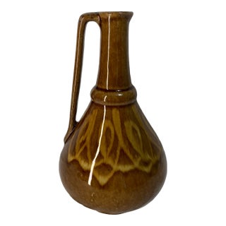 Vintage Pottery Pitcher Vase With Shiny Brown Glaze Made in Poland For Sale