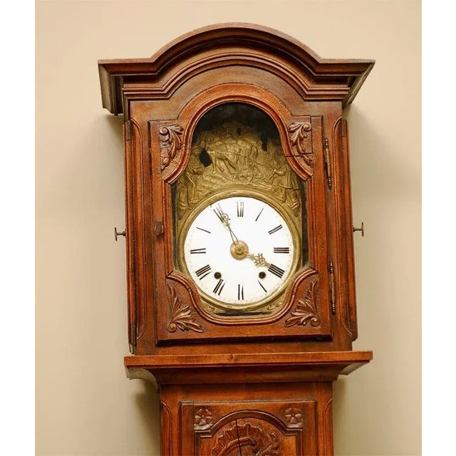French Mid 19th Century French Napoléon III Carved Walnut Long Case Clock with Brass Farming Scene For Sale - Image 3 of 10