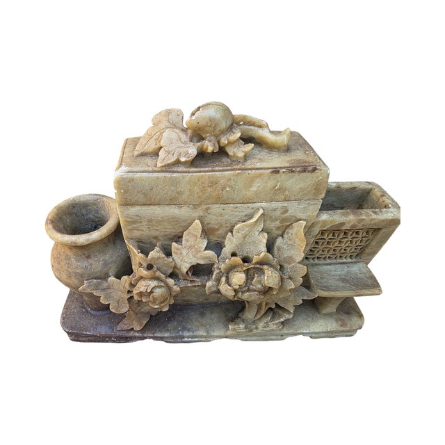 Asian Vintage Hand-Carved Asian Soapstone Scholar’s Desk Set With Floral Motif For Sale - Image 3 of 12