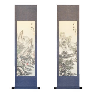Heisei Era Japanese Monochrome Landscape Printed Scroll - A Pair For Sale