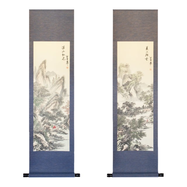 Heisei Era Japanese Monochrome Landscape Printed Scroll - A Pair For Sale