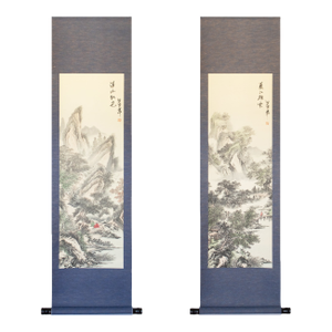 Heisei Era Japanese Monochrome Landscape Printed Scroll - A Pair