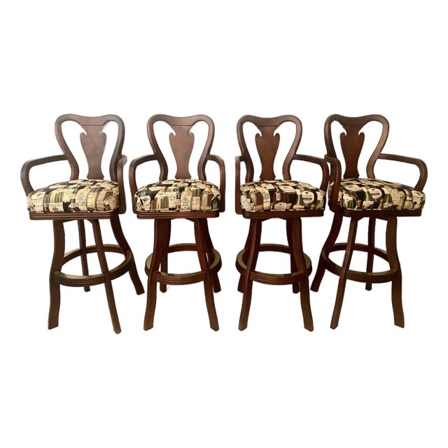 Solid Cherry Wood Swivel Exquisite Bar Stools Set of Four Excellent Mint Condition Late 20th Century For Sale