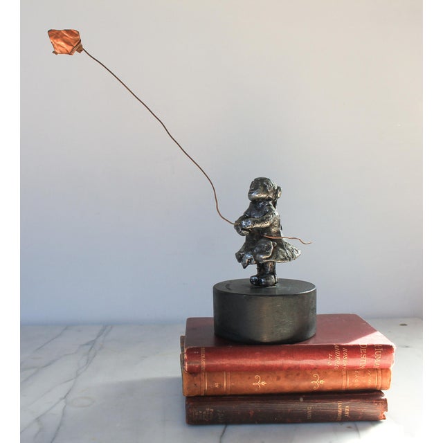 Wood Vintage Metal Sculpture of Girl Flying Copper Kite For Sale - Image 7 of 12