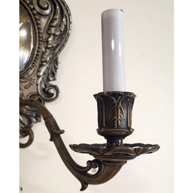 Brown Pair Antique American Coat of Arms Crown Silver Plate Bronze Wall Sconces C&A For Sale - Image 8 of 17