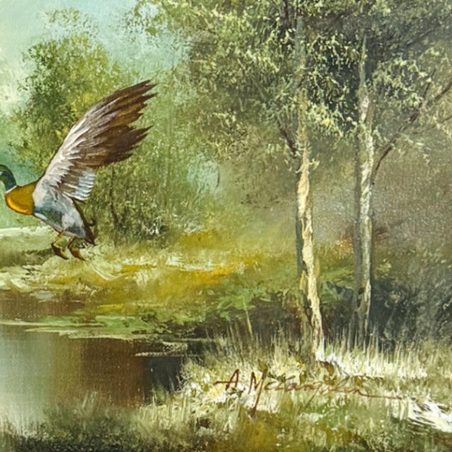 Mid 20th Century Vintage "Refuge" Original Oil Painting by A. McLaughlin, Mallards in Flight For Sale - Image 5 of 11