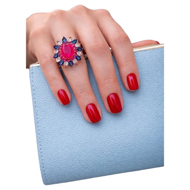 Bochic “Capri” Vintage Blue Sapphire, Ruby & Rose Cut Topaz 18K Gold & Silver For Sale - Image 4 of 12