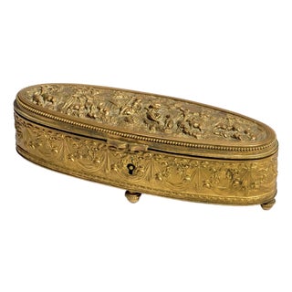 Classy Small Antique French Jewelry Casket Box Gilt Metal Pastoral Relief Trinket Box Made in France Victorian Home Decor For Sale