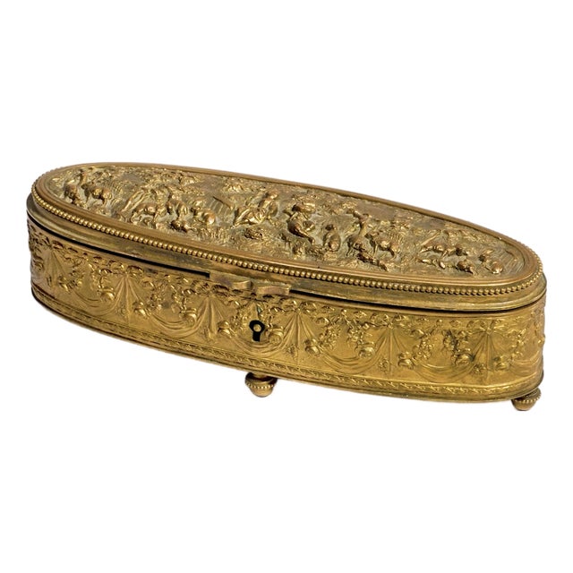 Classy Small Antique French Jewelry Casket Box Gilt Metal Pastoral Relief Trinket Box Made in France Victorian Home Decor For Sale