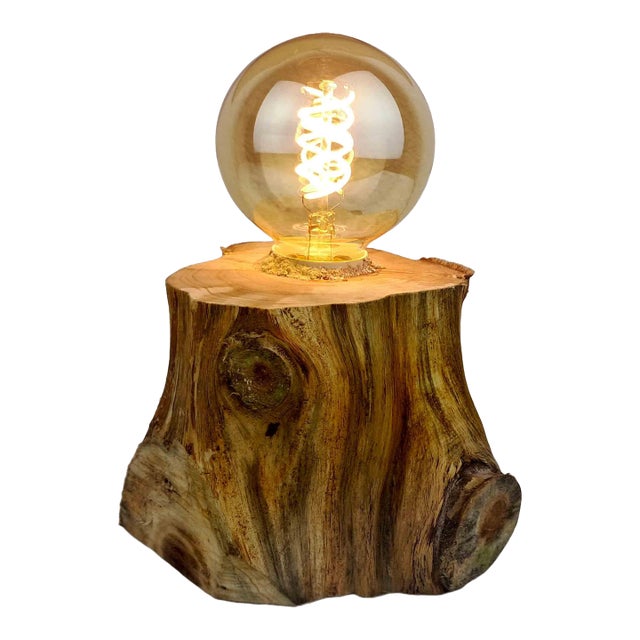 Rustic Handmade Solid Reclaimed Natural Log Edison Filament Table Desk Lamp For Sale