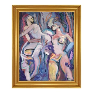 Vintage Expressionist Oil Painting of Two Female Nudes by Gaffe For Sale