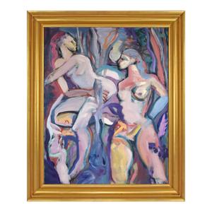 Vintage Expressionist Oil Painting of Two Female Nudes by Gaffe