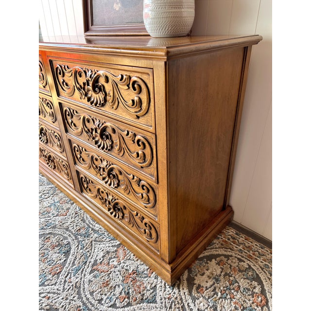Vintage Carved Wood 8-Drawer Dresser | Sideboard | Credenza | Chest | Boho, European, Cottagecore Furniture For Sale - Image 4 of 10
