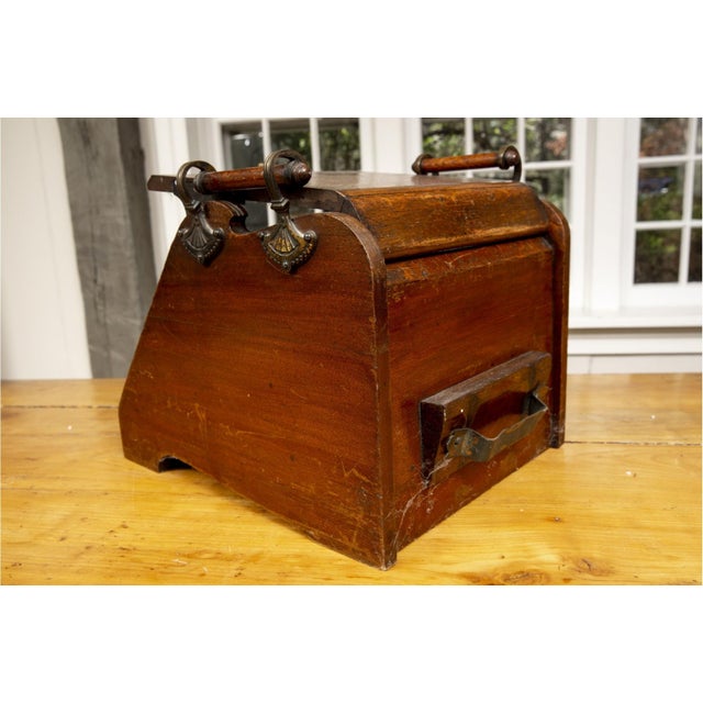 19th Century English Victorian Inlaid Walnut Coal Scuttle with Brass Handle Antique English Victorian coal scuttle with a...