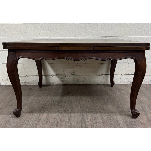 French Provincial Vintage French Provincial Louis XV Style Parquetry Top Draw Leaf Dining Table For Sale - Image 3 of 13