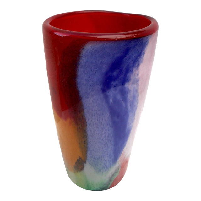 Glamorous Mid-Century Cased–Glass Block Vase With Red Interior - Makora Krosno Poland For Sale