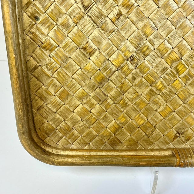 Mid-Century Boho Chic Coastal Gold Gilt Washed Wicker and Bentwood Tray For Sale - Image 6 of 15