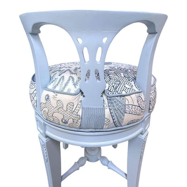 Vintage Vanity Stool in Benjamin Moore Soft Sky Blue With Cowtan & Tout Upholstery For Sale - Image 10 of 12