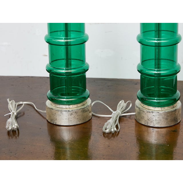 Mid 20th Century Mid 20th Century Italian Midcentury Ribbed Green Glass Lamps with Silver Bases - Pair For Sale - Image 5 of 9