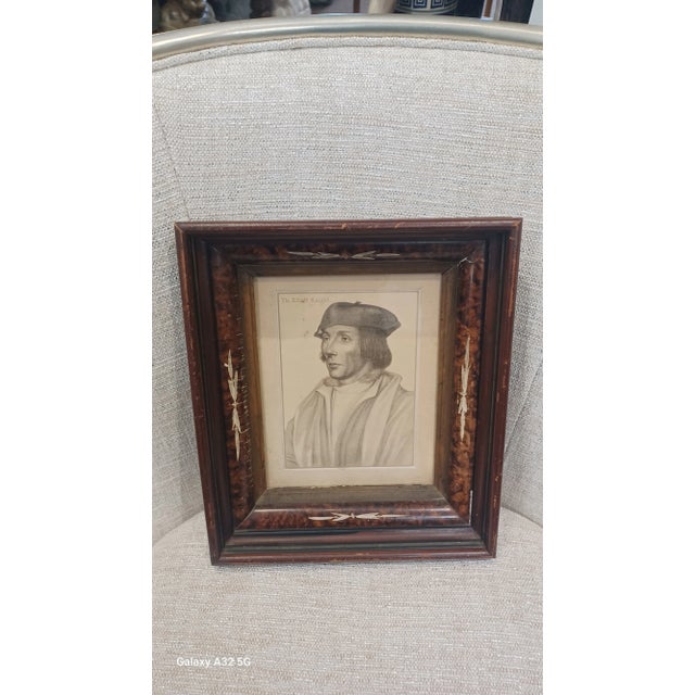 Antique Pair of alady Parker and Elliot Knight Etchings in faux burl frames. Appears there was an inlay in the frames that...