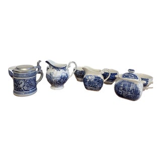 1970s Liberty Blue Betsy Ross Tea Set Cups Creamers Sugar Bowl England Lot 9 Pcs For Sale