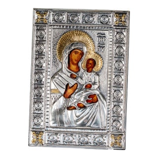 Late 20th Century Italian .925 Silver Icon of Virgin Mary & Christ Child, Gold-Accented For Sale