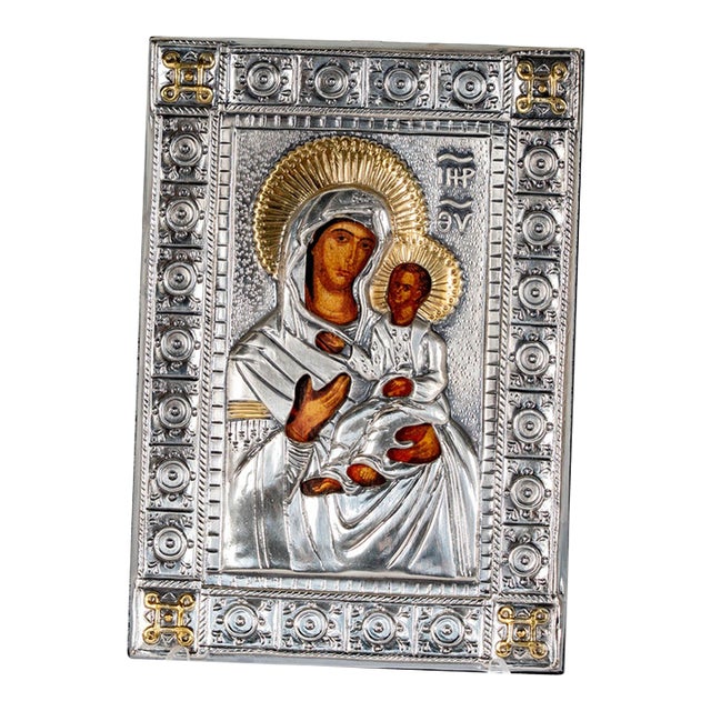 Late 20th Century Italian .925 Silver Icon of Virgin Mary & Christ Child, Gold-Accented For Sale