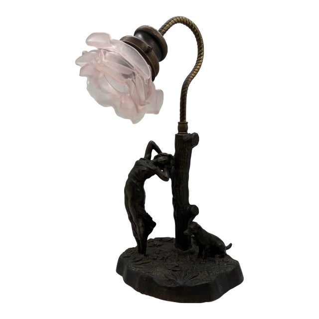 1900s Art Nouveau Bronze Figural Table Lamp With Pink Glass Flower Shade For Sale