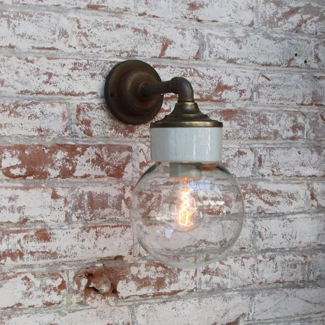 Vintage Industrial White Porcelain and Clear Glass Sconce For Sale - Image 4 of 6