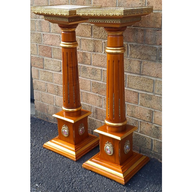 Wood Pair Mahogany and Gilt Decorated Galleried Marble Top Pedestals by Francesco Meroni For Sale - Image 7 of 18