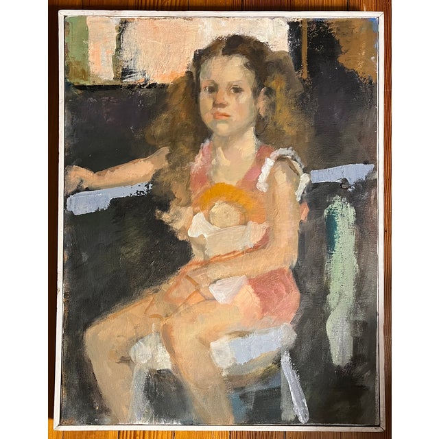 Modernist oil painting on canvas - Portrait of a Girl - circa 1970 - 1980. Artist framed in a thin white molding....