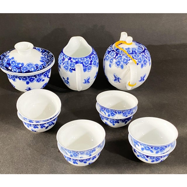 Blue Chinoiserie Blue and White Tea Set 11 Pcs For Sale - Image 8 of 9