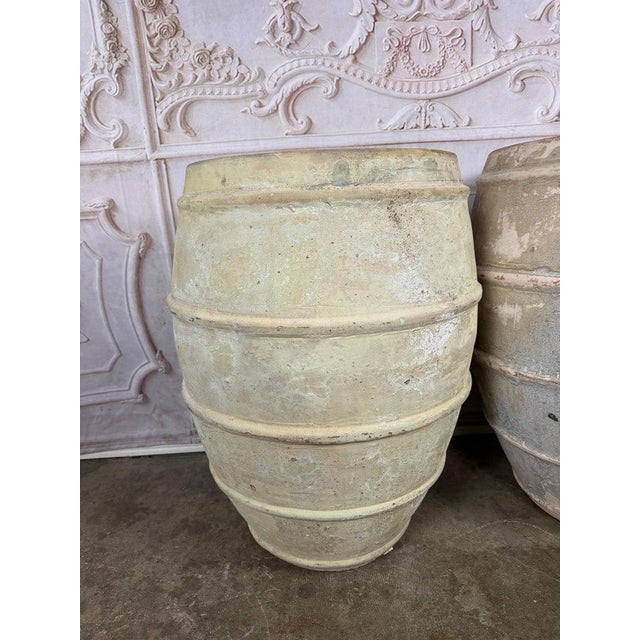 French Pair of French Style Olive Jar Planters - Terracotta Barrel Pots For Sale - Image 3 of 13