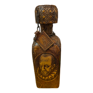 Mid 20th Century Leather Wrapped Glass Decanter With Embossed Don Quixote Figure by Miguel De Cervantes Poems