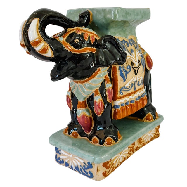 Ceramic Vintage Chinoiserie Celadon & Black Ceramic Elephant Glazed Plant Stands / Bookends - A Pair For Sale - Image 7 of 13