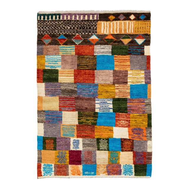 Modern Abstract Baluch Style Wool Rug - Vibrantly Colored Patchwork Checkerboard For Sale
