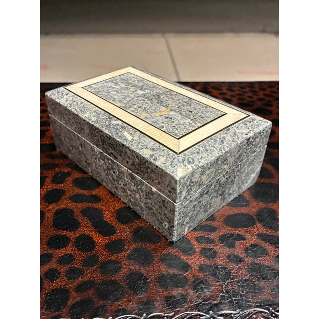 Petite tessellated stone and mahogany jewelry box with hardwood and brass inlay, handmade in the Philippines for Maitland-...
