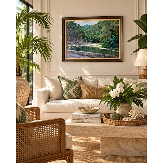 Beautiful vintage 1970s oil on canvas painting depicting a lush tropical river landscape surrounded by dense green...
