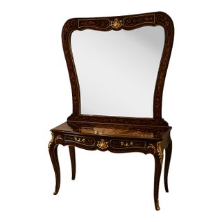 Rococo Console Table With Oversized Ornate Mirror – Dark Wood, Gold Leaf & Decorative Inlay For Sale