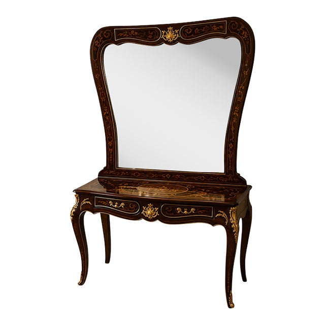 Rococo Console Table With Oversized Ornate Mirror – Dark Wood, Gold Leaf & Decorative Inlay For Sale
