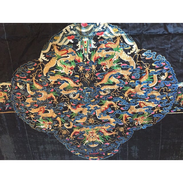 Chinese antique Qing dynasty large altar piece embroidery on silk, with five claw dragons chasing pearl. . Restoration due...