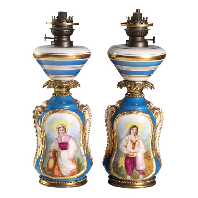 Painted Ceramic and Bronze Table Lamps, Set of 2 For Sale