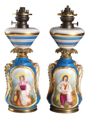 Painted Ceramic and Bronze Table Lamps, Set of 2