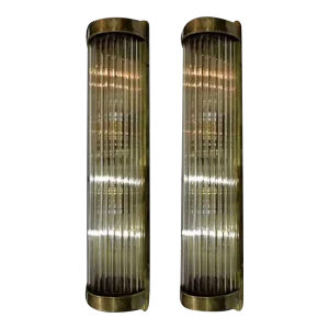 Vintage Art Deco Skyscraper Rod Ship Light Wall Sconces Fixture in Brass & Glass - a Pair