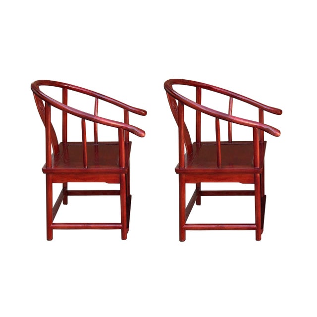 Chinese Pair Chinese Horseshoes Back Reddish Brown Stain Armchairs For Sale - Image 3 of 8