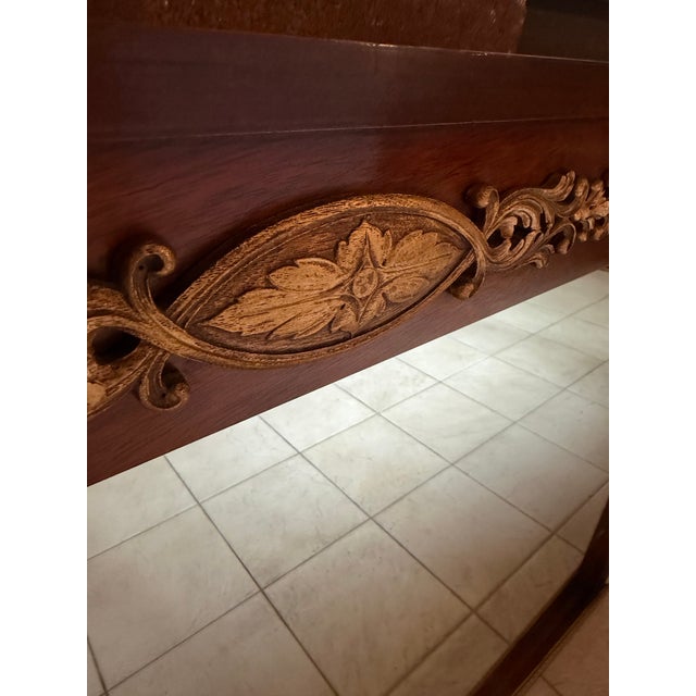 Large Vintage Traditional Mahogany Wall Mirror With Carved Crest Floral Appliqués For Sale - Image 4 of 7