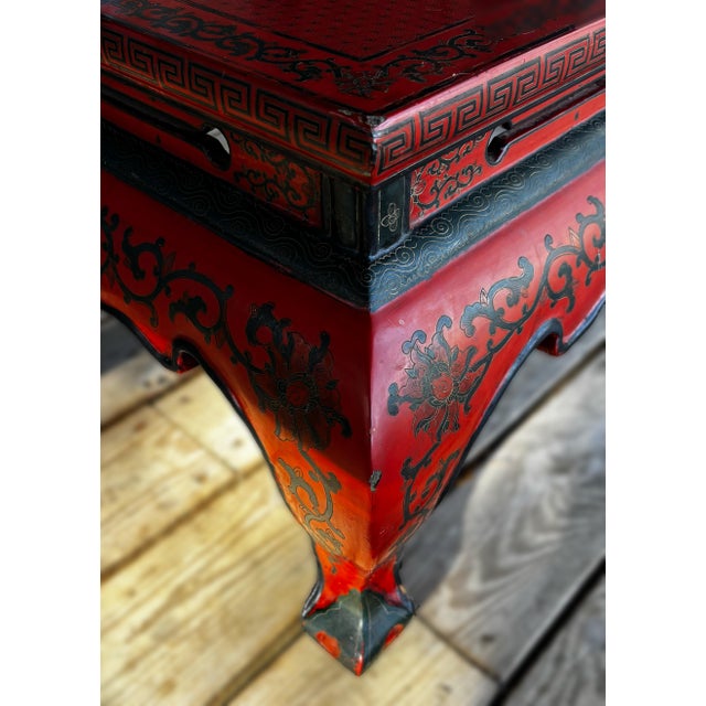 Mid 20th Century Asian Hand Painted Red Lacquer Low Table For Sale - Image 9 of 10
